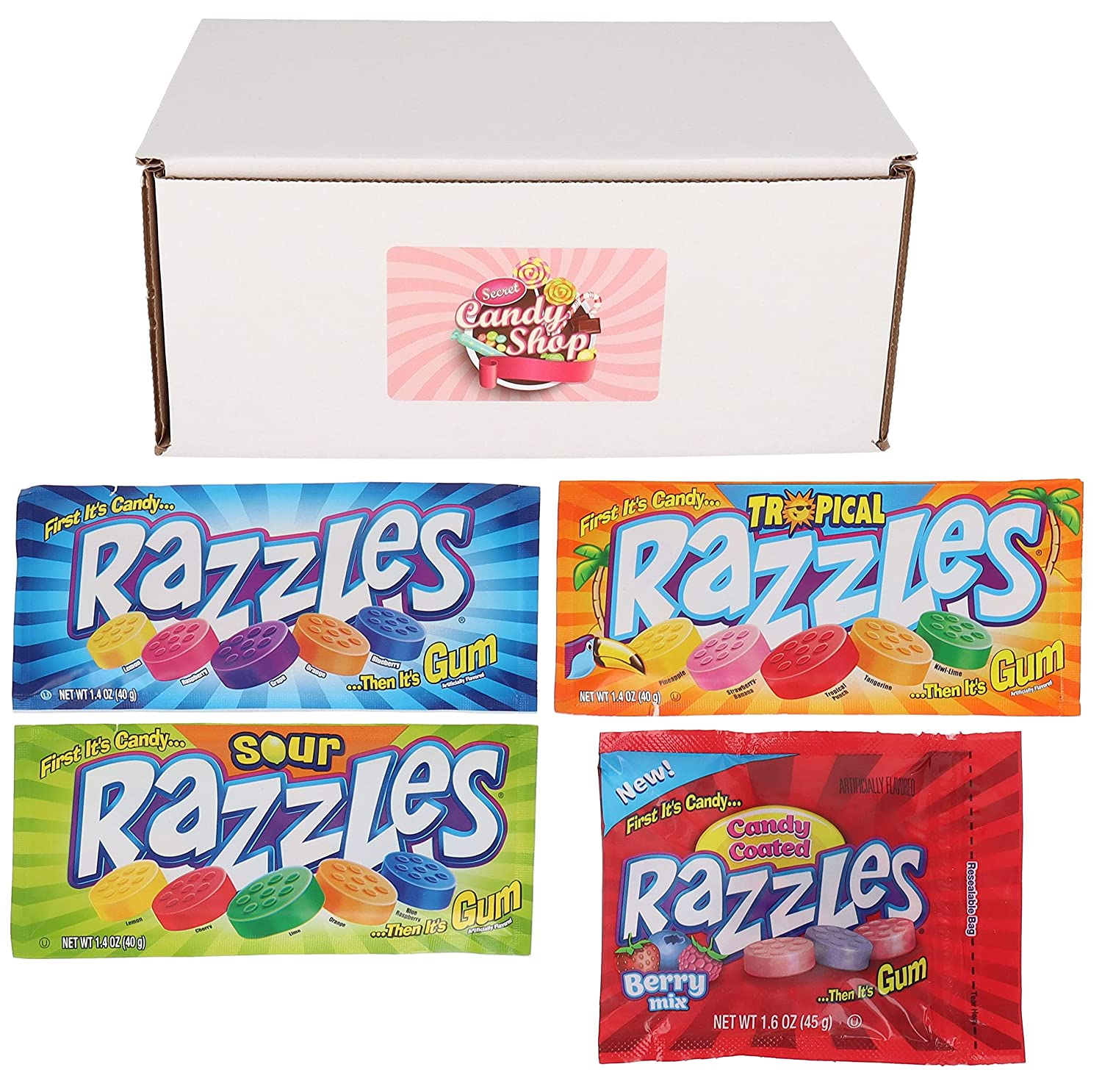 Razzles Gum Candies Variety Pack of 4 Flavors: Berry, Fizzles, Sour, Tropical , and Original (1 of each flavor, Total of 4)