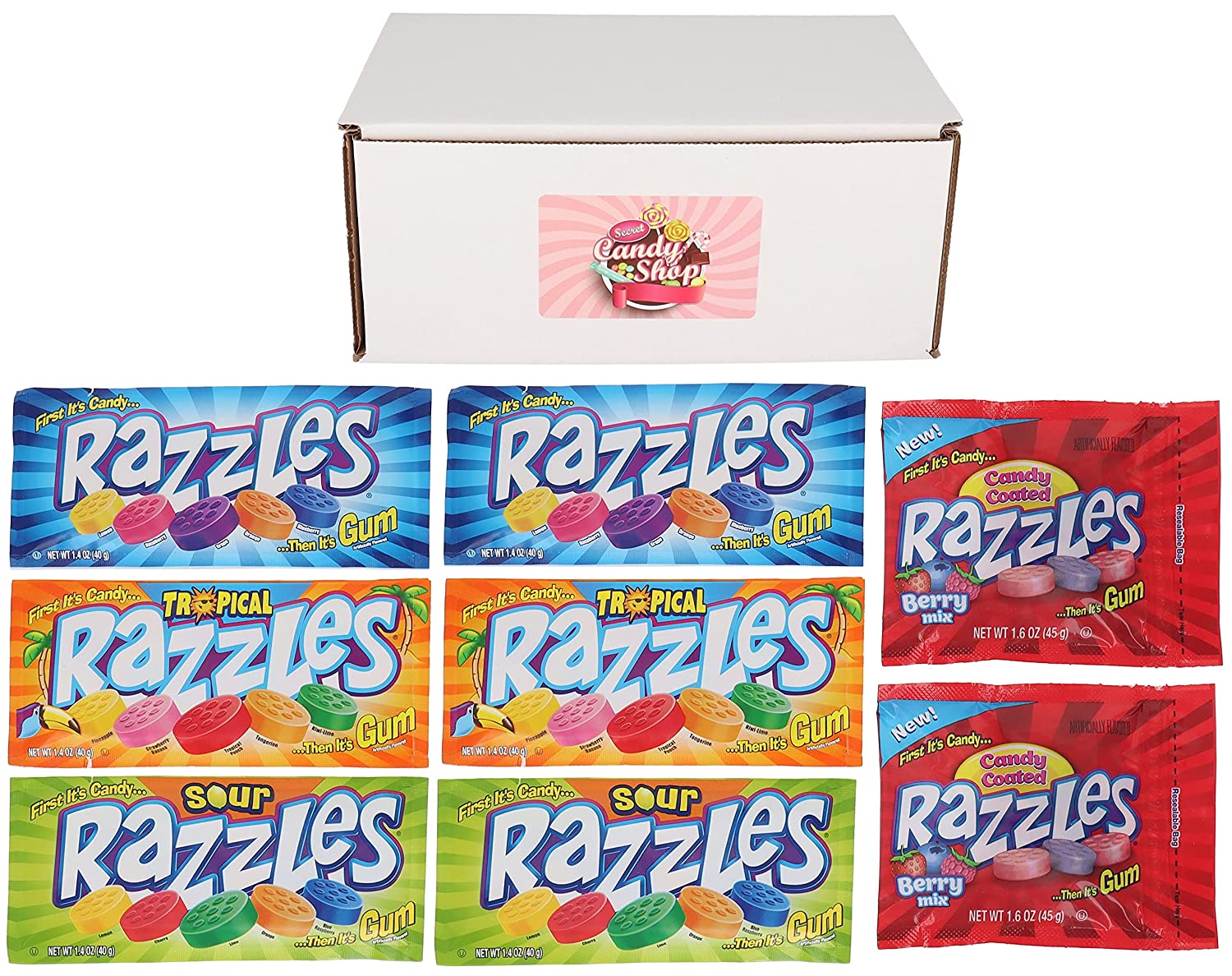 Razzles Gum Candies Variety Pack of 4 Flavors: Berry, Fizzles, Sour, Tropical , and Original (2 of each flavor, Total of 8)